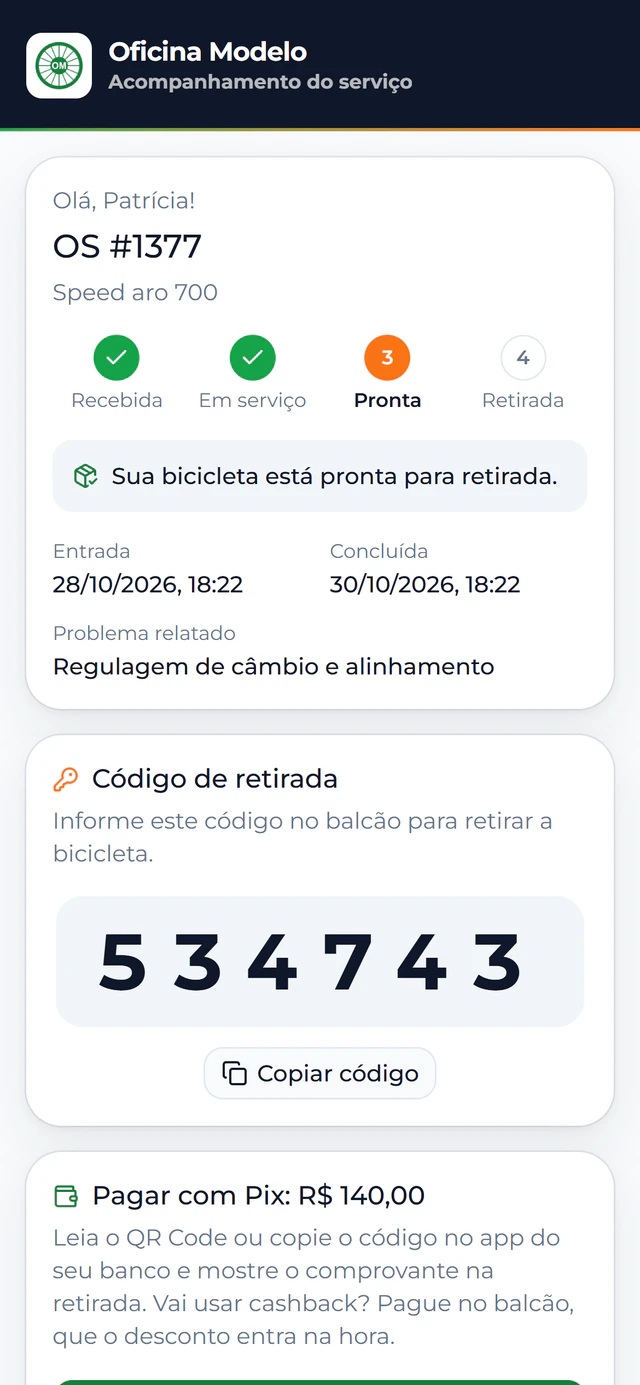 Página do cliente no celular mostrando a OS pronta para retirada