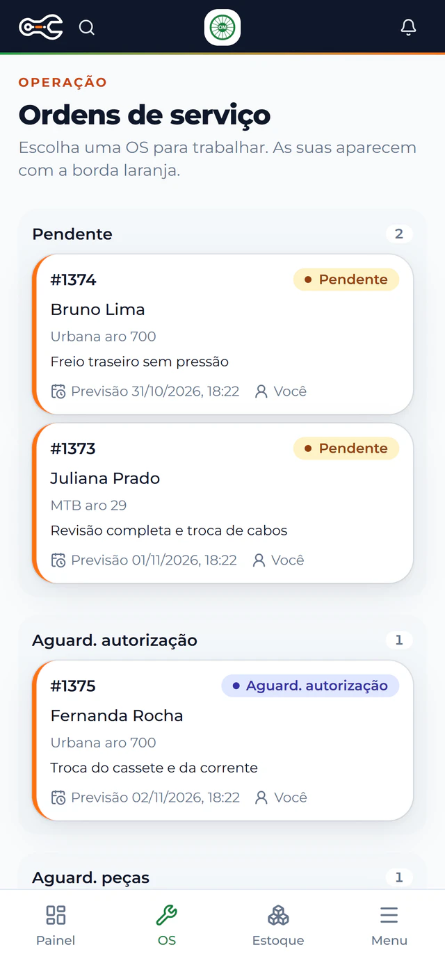 Tela do mecânico no celular, com as OS dele e sem preços